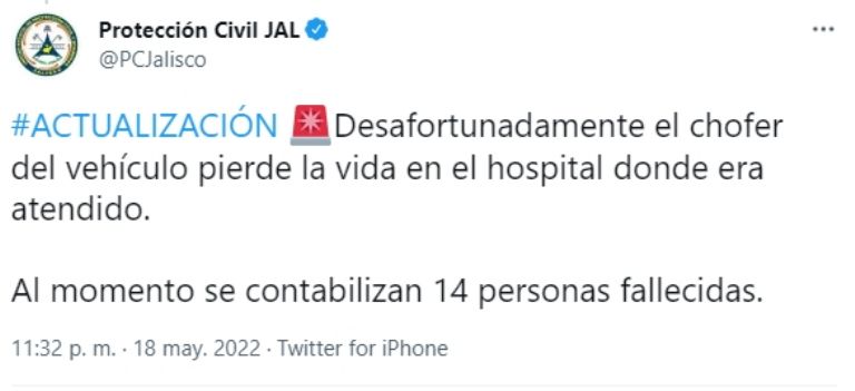En la imagen, la actualización de Protección Civil Jalisco sobre el accidente. Créditos: Twitter
