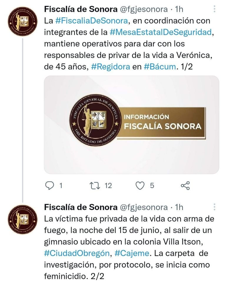 FGJE abre carpeta de investigación por feminicidio de regidora de Bácum. Foto: Twitter