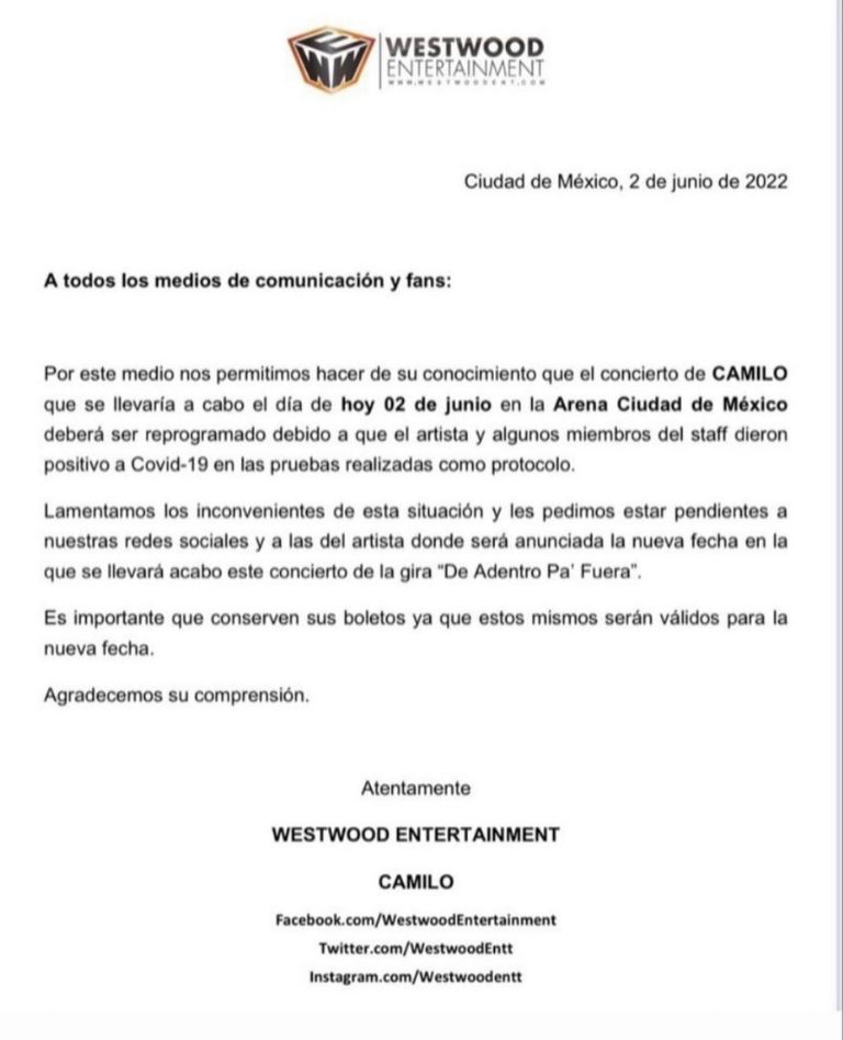 Comunicado sobre concierto de Camilo en CDMX