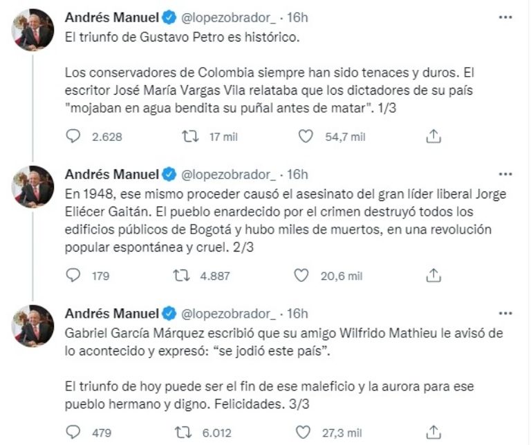 AMLO celebra triunfo de Gustavo Petro en Colombia. Foto: Twitter