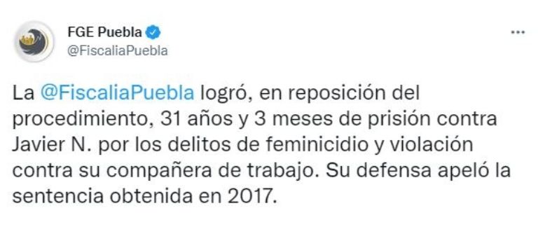 Sentencian a Javier N. por delito de feminicidio en Puebla