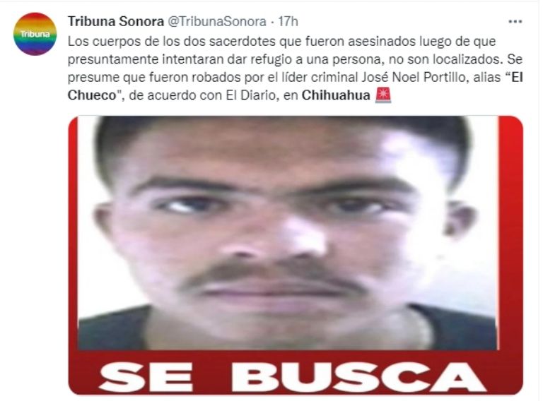 Identifican a presunto homicida de sacerdotes jesuitas en Chihuahua. Foto: Twitter