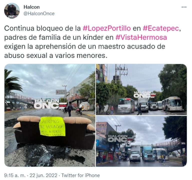 Continúa bloqueo en vía López Portillo; exigen la detención de presunto abusador de niños. Foto: Twitter