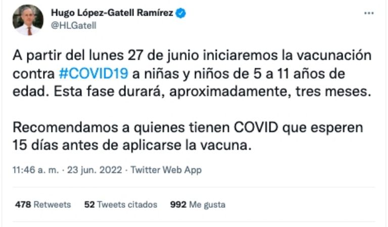 Tuit Hugo López-Gatell 