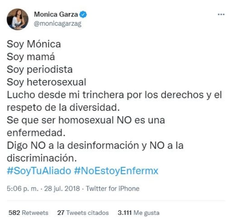 Tuit de Mónica Garza en apoyo a la comunidad LGBT+