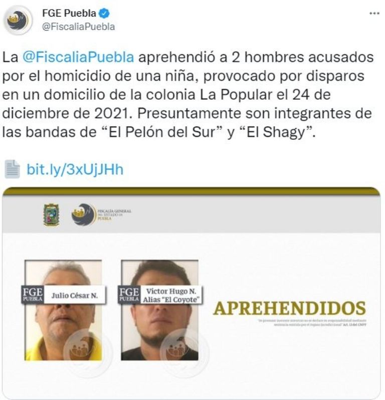 Detienen a Víctor Hugo y a Julio César por quitarle la vida a una menor