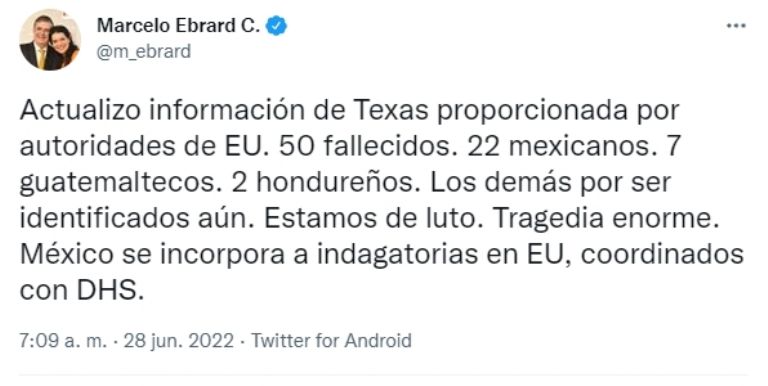 SRE confirma que 22 de los muertos eran mexicanos. Foto: Twitter