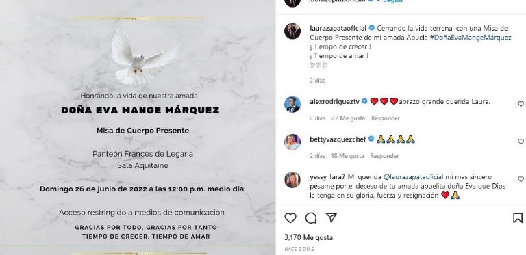 Aviso del fallecimiento de Doña Eva Mange