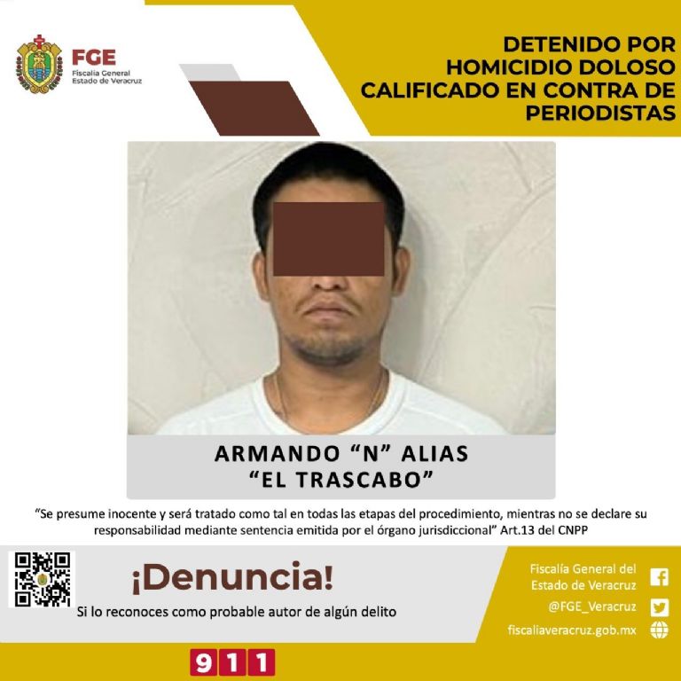 FGE Veracruz anuncia detención de presunto asesino de periodistas en el estado. Crédito: FGE