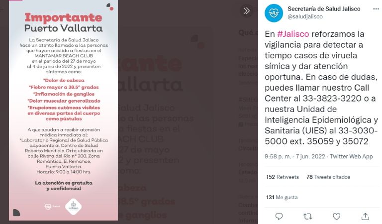 Secretaría de Salud de Jalisco emite comunicado sobre posible caso de viruela del mono. Crédito: Twitter
