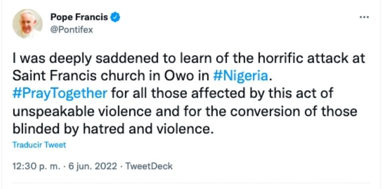 Papa Francisco lamenta masacre en Nigeria 
