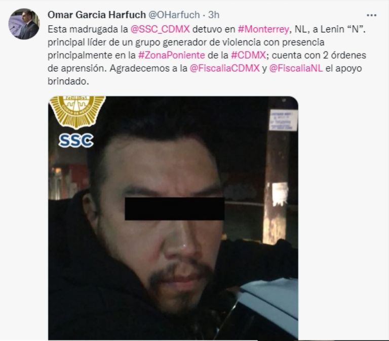 Autoridades detienen a Lenin 'N', presunto líder de grupo criminal en CDMX. Foto:Twitter
