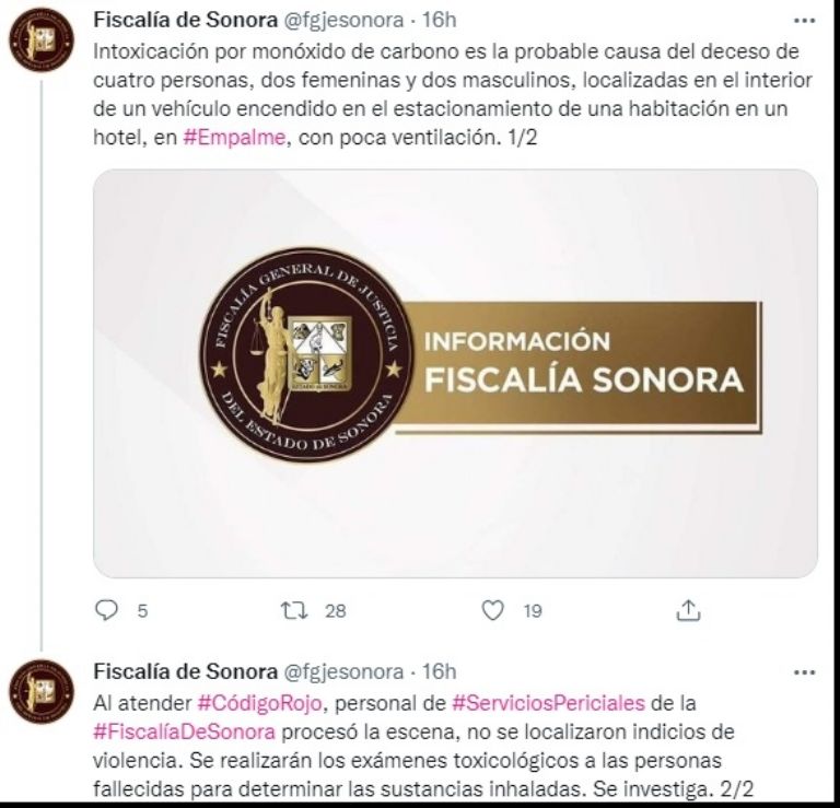 FGJE informa sobre hallazgo de cuatro jóvenes sin vida en motel de Empalme. Foto: Twitter