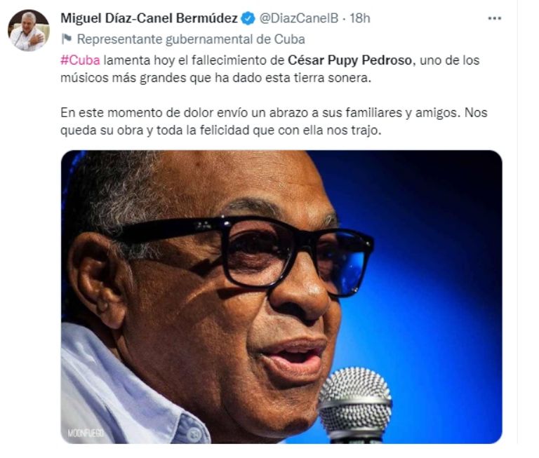 Muere el músico César 'Pupy' Pedroso y el presidente de Cuba envía pésame. Foto: Twitter