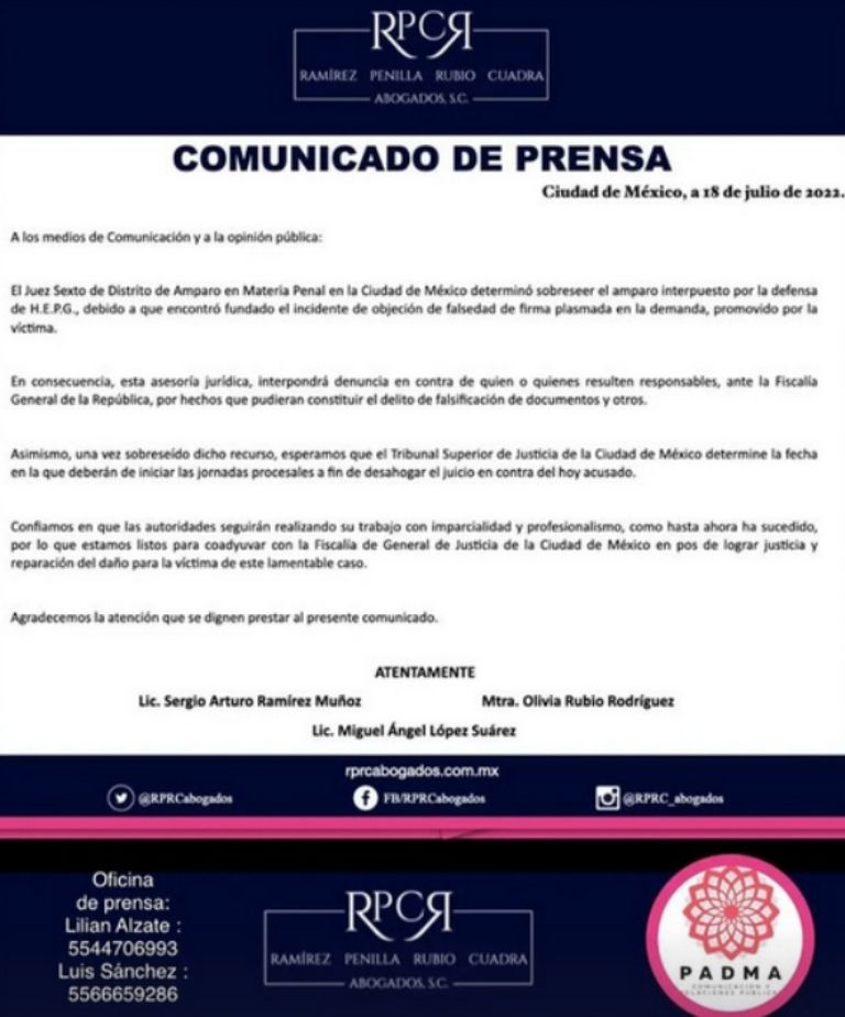 Comunicado de la defensa de Ginny y Alexa