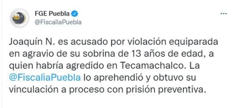 Detienen a Joaquín por abusar de su sobrina