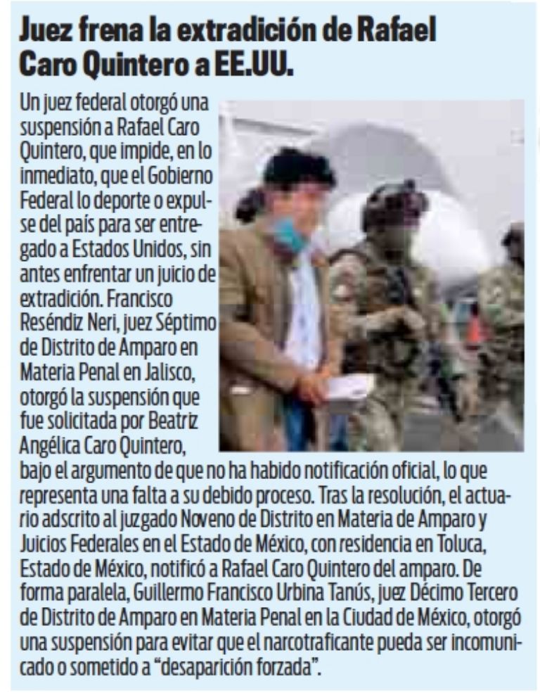 Frenan extradición de Rafael Caro Quintero. Foto: Tribuna