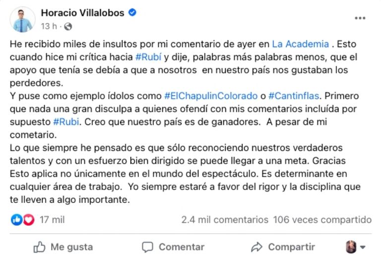 Horacio Villalobos disculpa