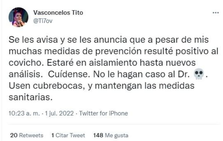 Tito Cuevas da positivo a Covid-19