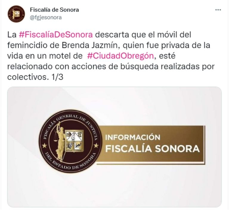 FGJE Sonora descarta activismo de Brenda Jazmín como móvil del su feminicidio. Foto: Twitter