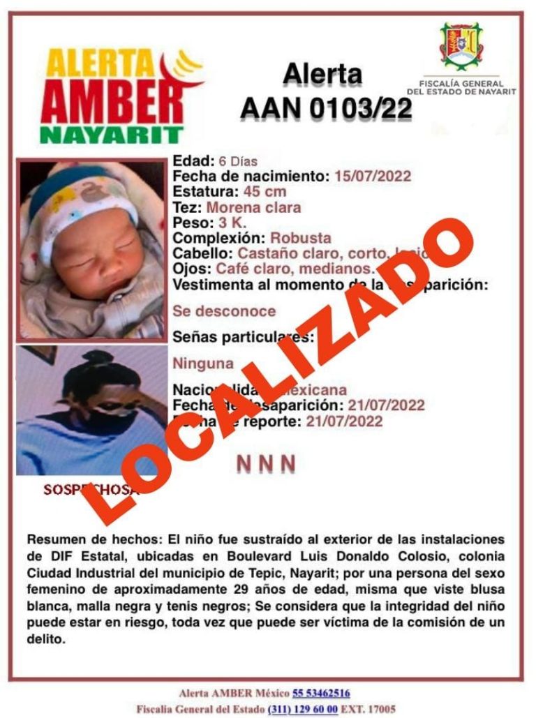 Autoridades localizan a bebé recién nacido que fue robado en DIF de Nayarit. Foto: Twitter