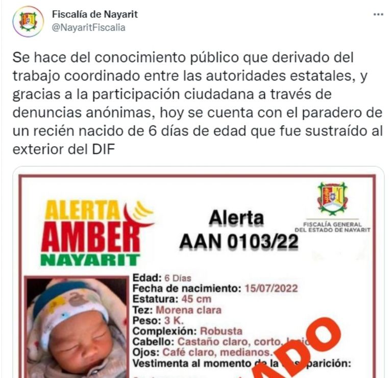 FGE de Nayarit informa que menor sustraído fue localizado con vida. Foto: Twitter