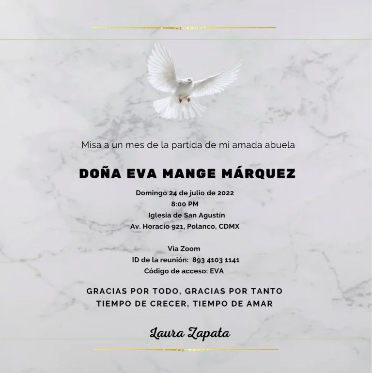 Invitación de Laura Zapata a la misa de Eva Mange