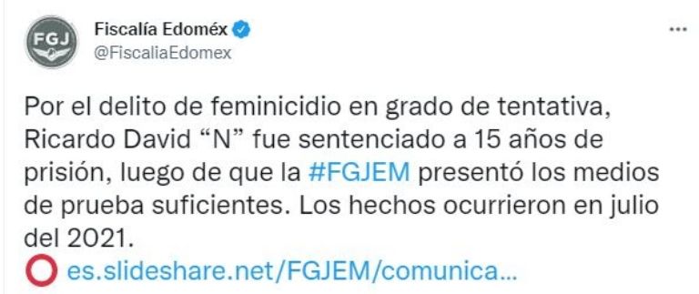 Tuit de la Fiscalía del Estado de México