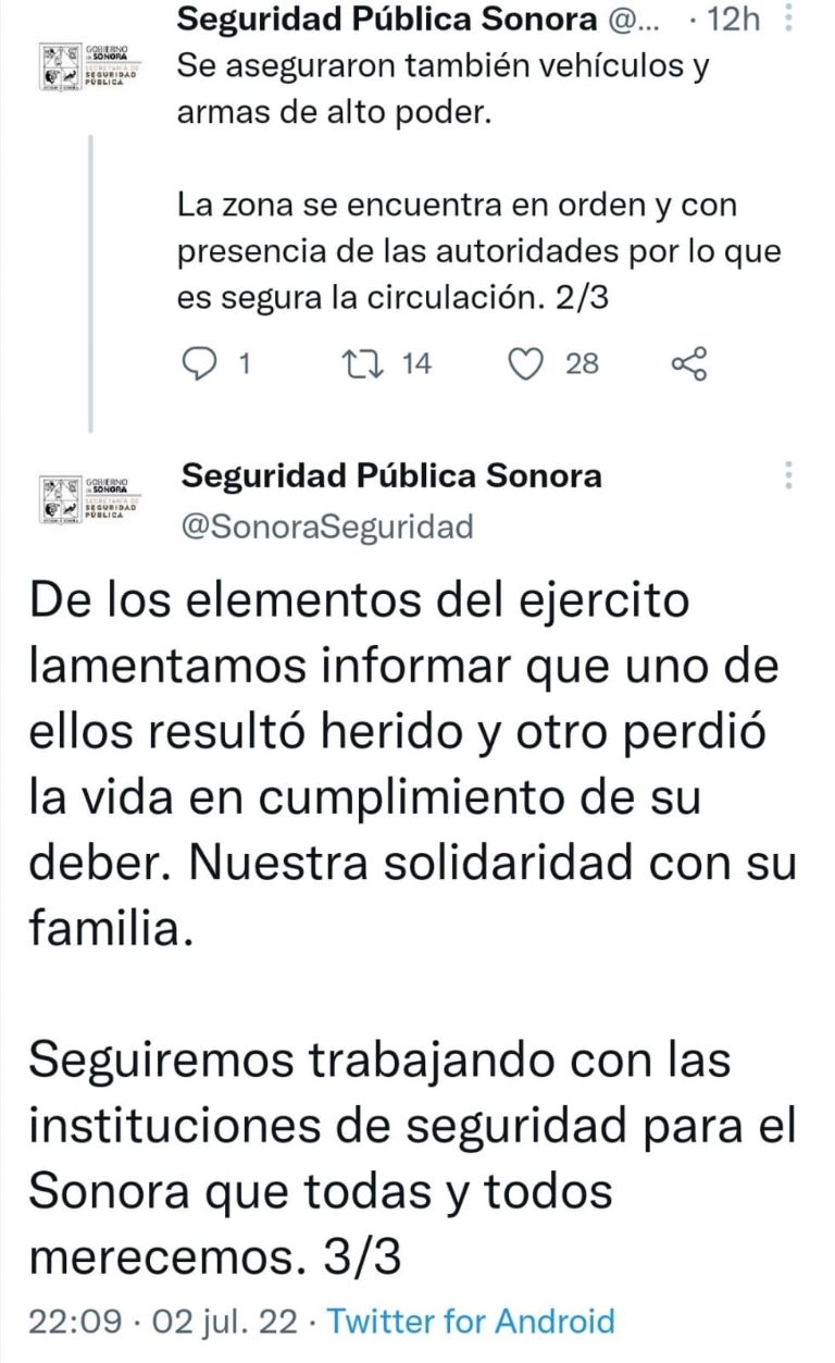 SSP Sonora informa sobre violencia en Altar. Foto: Twitter