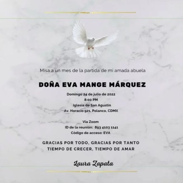 Invitación a la misa de Doña Eva Mange