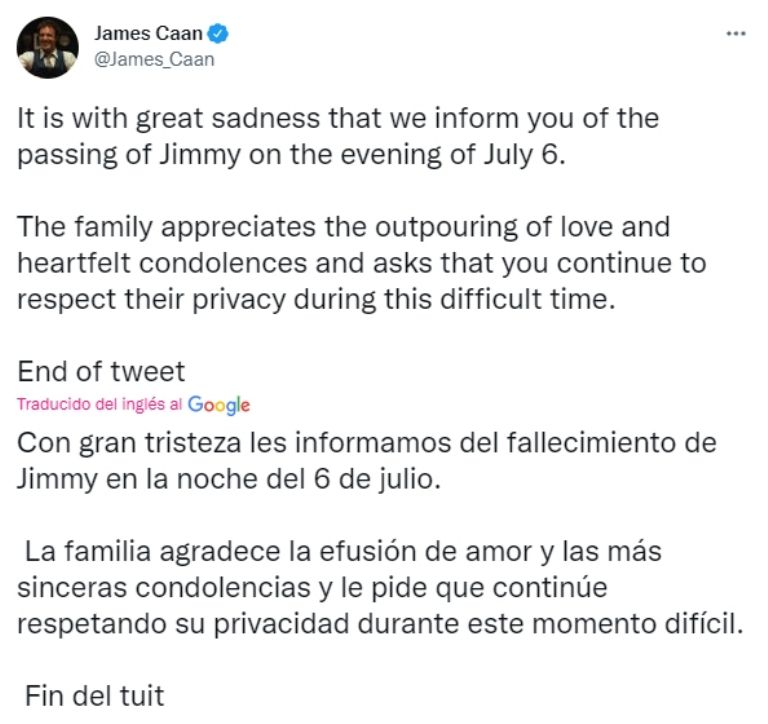 Confirman muerte del actor James Caan. Foto: Twitter