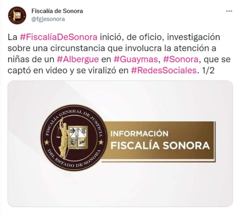 FGJE de Sonora investiga albergue tras video que exhibe a niñas dormir en el suelo. Foto: Twitter