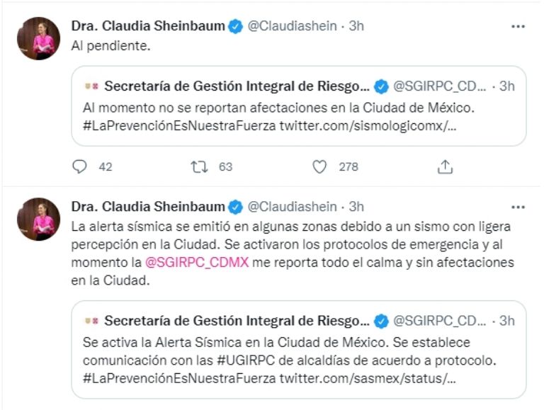 Claudia Sheinbaum, jefa de Gobierno de la CDMX, confirma que Alarma Sísmica se activó. Foto: Twitter