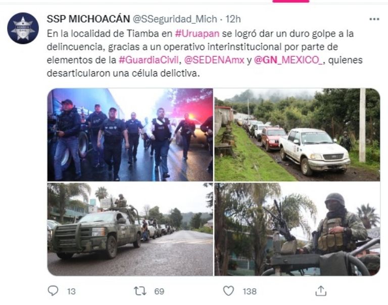 SSP informa sobre detención de 164 presuntos delincuentes en Michoacán. Foto: Twitter