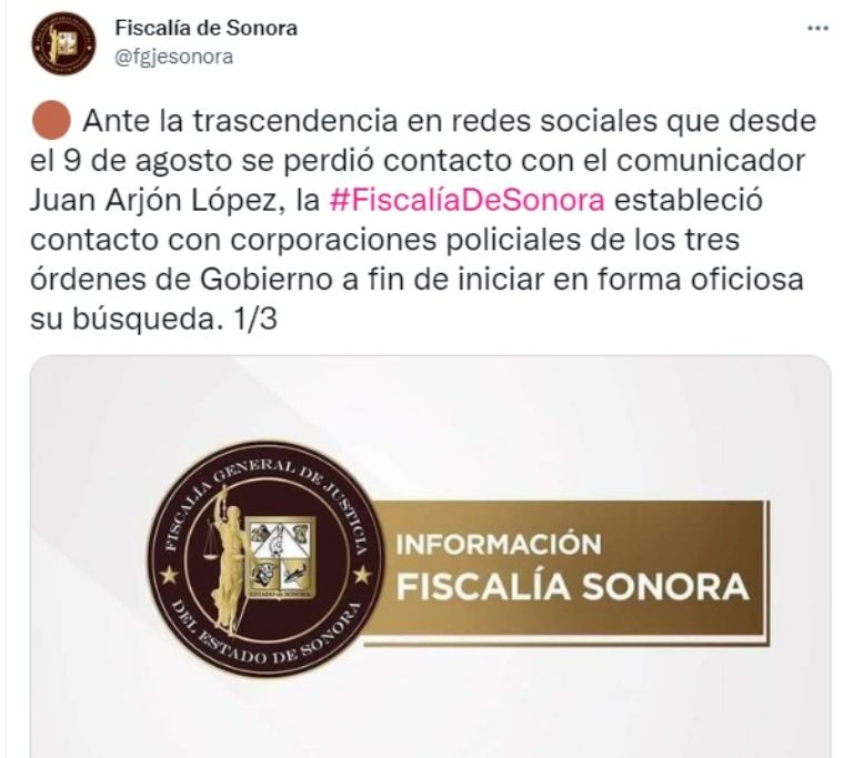 FGJE informa sobre la desaparición del reportero Juan Arjón López. Foto: Twitter