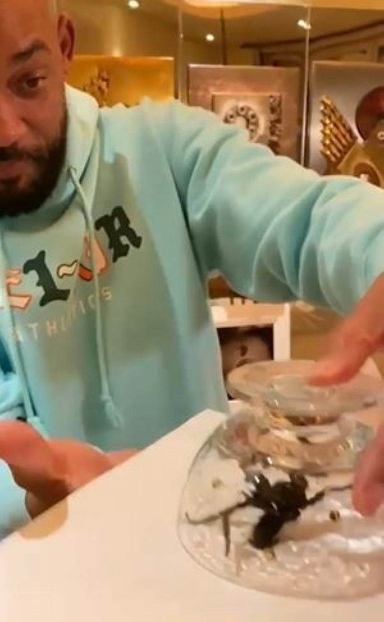 Will Smith sostiene a la tarántula con un vaso