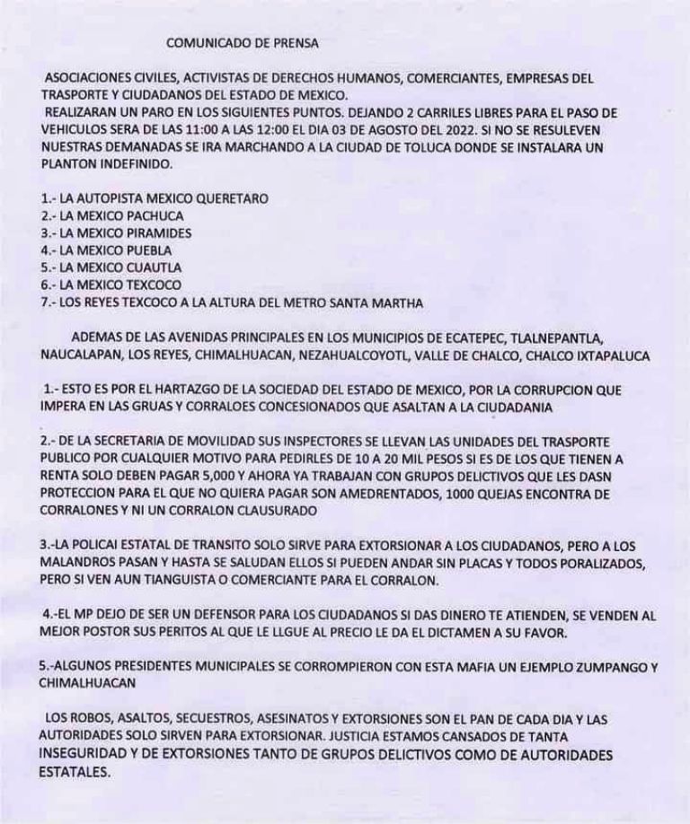 En la imagen, el comunicado de transportistas del Edomex que se manifestarán este miércoles 3 de agosto. Foto: Twitter