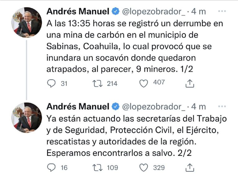 En la imagen, el primer informe de AMLO tras el colapso de la mina en Sabinas, Coahuila. Foto: Twitter