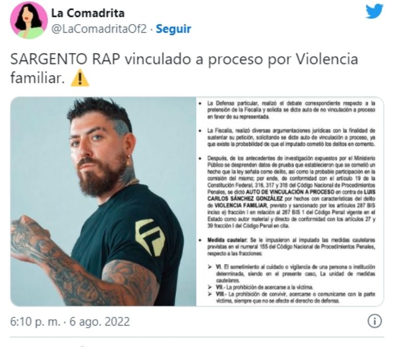Informan que vinculan a proceso a Sargento Rap por actos de violencia familiar. Foto: Twitter