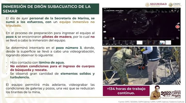 CNPC informa que no hay condiciones para ingresar a la mina y rescatar a trabajadores. Foto: Gobierno de México