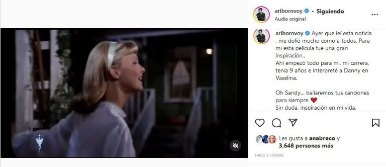 Publicación de Ari Borovoy en honor a la muerte de Olivia Newton-John