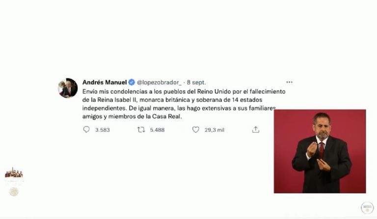 AMLO recuerda las condolencias que envió por la muerte de Isabel II. Foto: Gobierno de México
