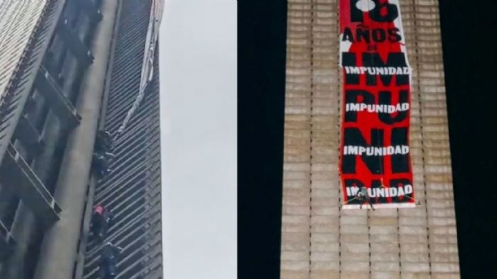 Dicen que por seguridad: Quitan la manta que activistas montaron en la Estela de Luz