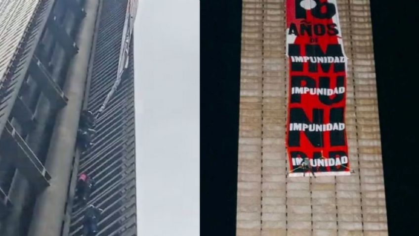 Dicen que por seguridad: Quitan la manta que activistas montaron en la Estela de Luz