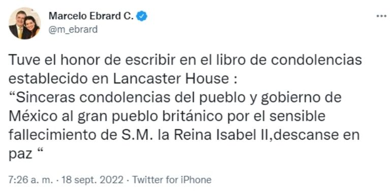 SRE informa el mensaje que dejó en el libro de condolencias de la Reina Isabel II. Foto: Twitter