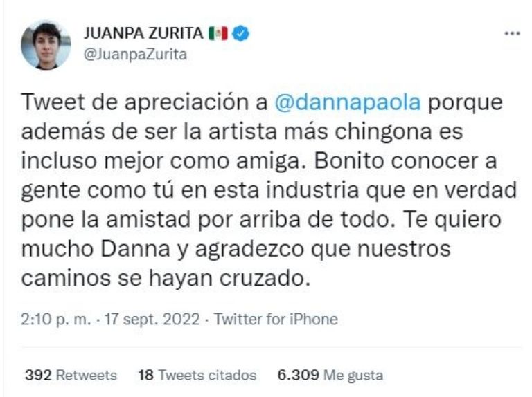 Tuit de Juapa Zurita para Danna Paola