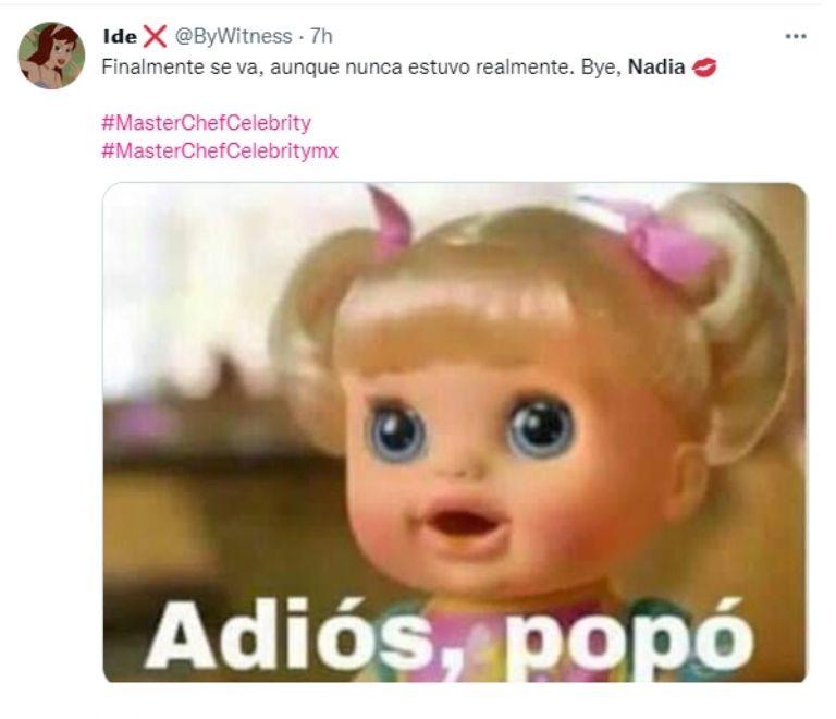 Memes por la eliminación de Nadia de 'MasterChef Celebrity' México. Foto: Internet