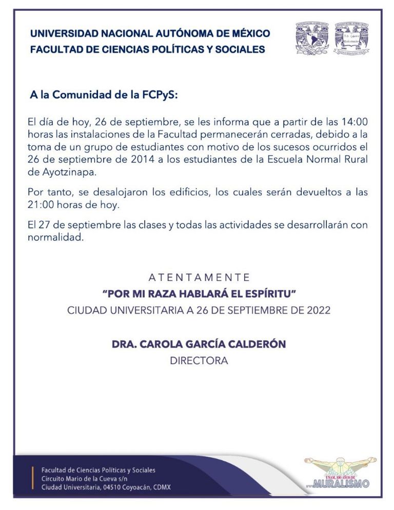 Comunicado de la Facultad de la UNAM