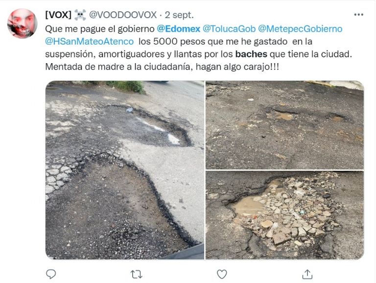 Denuncian baches en Estado de México