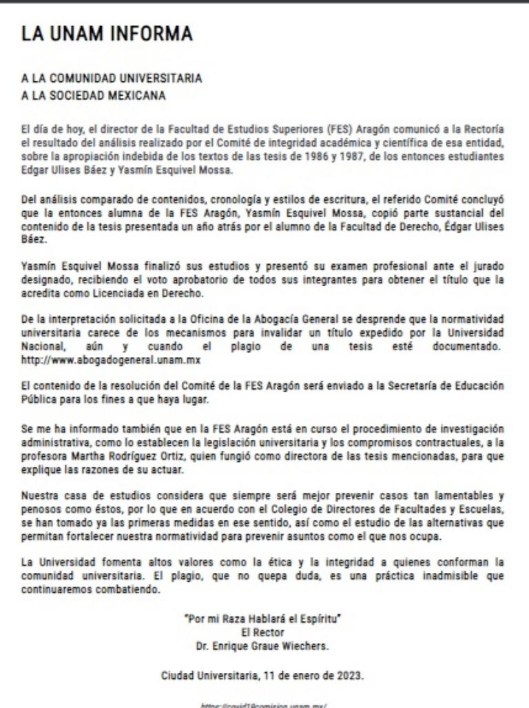 UNAM informa sobre plagio de la ministra. Foto: Internet